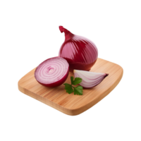 Whole and sliced red onion with chopping board on transparent background png