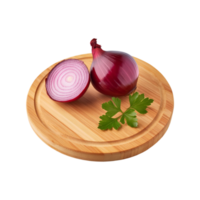 Whole and sliced red onion vegetable with chopping board on transparent background png