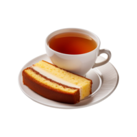 White cup and plate of tea with sliced cake on transparent background png