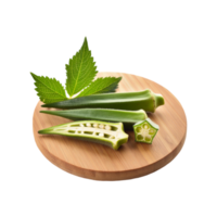 Okra vegetable and slices with wooden chopping board on transparent background png