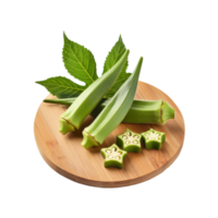 Okra vegetable and slices with chopping board on transparent background png