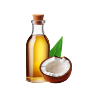 Coconut oil bottle with slice and leaf on transparent background png