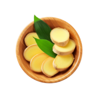 Top view of ginger slices bowl on transparent background png
