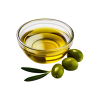 Bowl of olive oil with fresh olive fruit with leaf on transparent background png