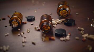 Scattered Prescription Bottles and Pills Arranged on a Wooden Surface for Reference and Use video