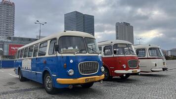 Warsaw, Poland. November 01, 2024. Vintage buses parked in a row in a city setting. The buses are different colors blue, red, and white. They have a classic design with rounded edges and large photo
