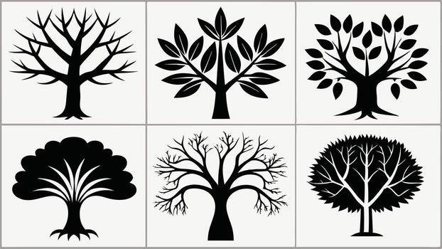 un grande, estilizado negro silueta de un roble árbol con un ancho pabellón y texturizado sucursales, desplegado en contra un ligero vector