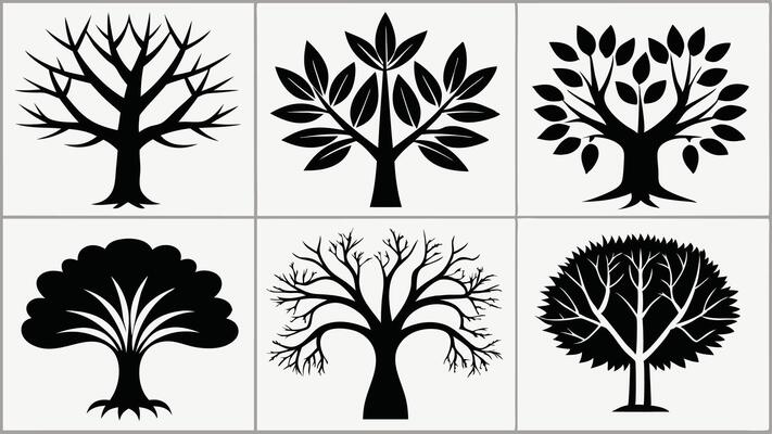 A large, stylized black silhouette of an oak tree with a broad canopy and textured branches, displayed against a light