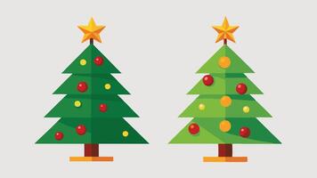 A side-by-side comparison of two Christmas trees. The left tree is a simple, unadorned green fir with no decorations.Christmas tree . Collection of Christmas trees. New Years and xmas vector