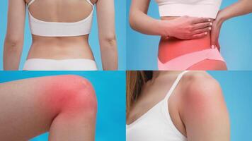 Set of visuals illustrating people with visible signs of pain in various body areas. Each person appears to struggle with discomfort related to health issues. video