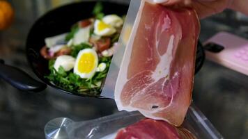 Ham salad eggs Asparagus salad with ham slices and boiled eggs. video