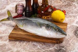 A fish on a cutting board with other ingredients photo