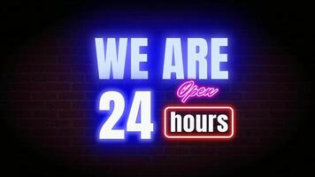 animated text we are open 24 hours neon style with brick texture background text open blinking video