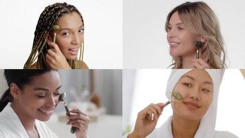 Four women of diverse backgrounds engage in their skincare routines using facial rollers. Each displays joy while enhancing their beauty and wellness practices in a serene setting. video