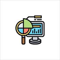 A computer monitor with a pie chart and a magnifying glass vector