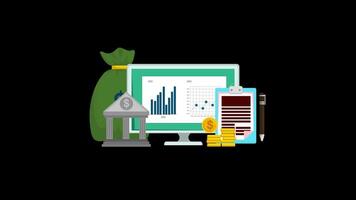 Computer monitor bag of money and coin Business statistics computer and invoice animation video