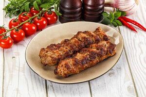 Two meat skewers on a plate with tomatoes and herbs photo