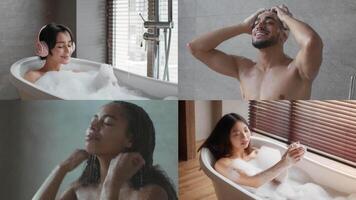 Various individuals enjoy pampering themselves with skincare routines while soaking in a bath filled with bubbles. The setting showcases tranquility and beauty with natural light. video