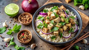 Top view of a crispy tofu rice bowl garnished with fresh herbs, red onion, and spices, surrounded by lime, garlic, and seasonings. photo