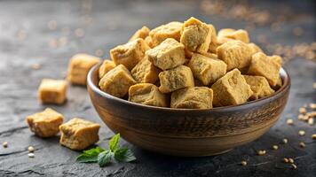 A wooden bowl filled with dehydrated soy protein cubes on a dark textured surface, commonly used as a plant-based meat alternative in cooking. photo