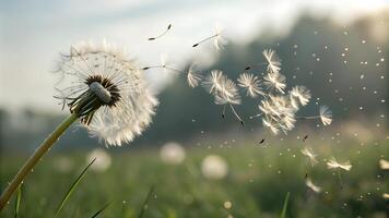 Close-up of dandelion seeds dispersing in the breeze, capturing the beauty of nature, growth, and the cycle of life in soft sunlight. photo