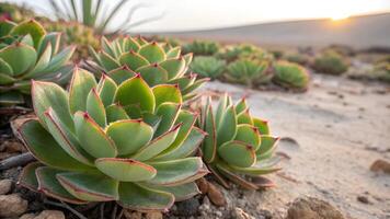 Close-up of vibrant green succulents with red edges in a sandy desert landscape, illuminated by soft sunset light, symbolizing resilience. photo
