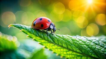 Close-up of a ladybug on a textured green leaf, with vibrant sunlight and bokeh in the background, symbolizing nature's beauty and simplicity. photo