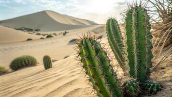 Close-up of cacti growing in a vast sandy desert with dunes in the background, capturing the resilience of desert flora in harsh conditions. photo