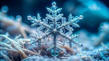 Macro shot of a detailed, symmetrical snowflake resting on a frosty surface, capturing the beauty and complexity of winter's natural patterns. photo