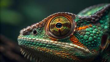 Macro shot of a chameleon's vibrant eye and textured scales, showcasing detailed patterns and colors in a unique reptile's skin. photo