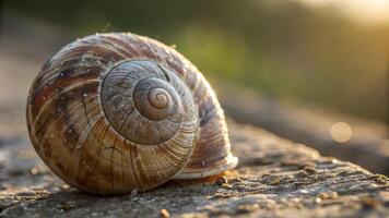 Close-up of a snail shell resting on a rock, illuminated by warm sunlight, highlighting its spiral pattern and natural textures. photo