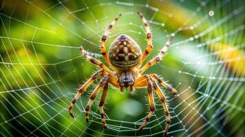 Detailed macro shot of a spider centered on its web, with a vibrant green and yellow background lit by sunlight. photo