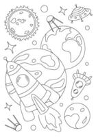 Coloring page with flying rockets and spaceships between planets. template for children coloring book, print and poster. vector