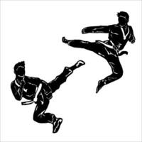 Two men in karate gear are doing a kick vector