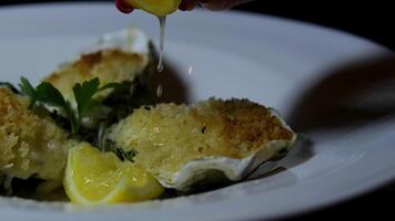 eating oysters in restaurant, closeup view of plate and hands of man sitting at table in open terrace, squeezing lemon juice in shell, fresh seafood and white wine, gastronomy travel in Mediterranean video