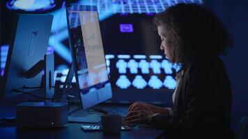 A Committed Professional Woman is Working Late at Her Computer in a Dynamic Cyber Environment video