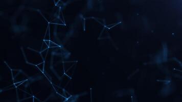 Abstract glowing minimalistic lines and dots technology background. Blue digital bokeh polygonal connection on dark fantasy backdrop. Particles structure levitating in space. 4k 60fps looped graphic. video