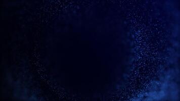 Particles energy tunnel from plasma fractals on dark blue technology background. Deep flowing sci fi vortex rotating in space. Glowing bokeh sci fi waves twirl. 4k 60fps looped graphic. video