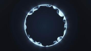 Minimalistic silver colored grey energy sphere glowing on dark blue background. Plasma particles circle flow. Digital sci fi business abstract shiny background. 4k 60fps looped graphic. video