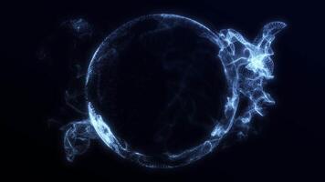Glowing dynamic waveform energy sphere from particles flowing on black abstract background. Digital futuristic plasma orb in space. Sci fi fantasy magic circle screensaver. 4k 60fps looped graphic. video