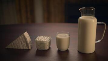 A variety of Dairy Products beautifully displayed on a Rustic Table Milk, Cheese, and Yogurt video