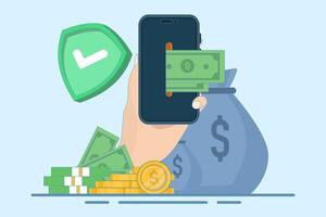 Online Transaction Concept. Mobile payments via mobile phone. Secure transactions and secure payments. Payment card security. Mobile financial transfer. Design illustration on background. vector