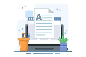 Concept Writing online text document content on desktop computer or creating essay or book on PC, writing script or editing web text file, reading blog article ideas. Flat cartoon design illustration. vector