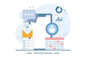User profile and analytics concept on screen with email notifications, charts and data visuals. social media management, digital marketing and online communication. flat minimalist illustration. vector