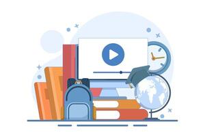 Online education concept, Internet education, online training and courses. Computer presentation, university. Distance education e-learning university. Cartoon design illustration. vector