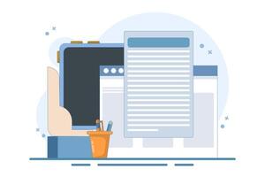 Concept Writing online text document content on desktop computer or creating essay or book on PC, writing script or editing web text file, reading blog article ideas. Flat design illustration. vector