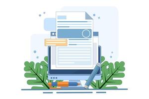 Concept Writing online text document content on desktop computer or creating essay or book on PC, writing script or editing web text file, reading blog article ideas. Flat illustration. vector