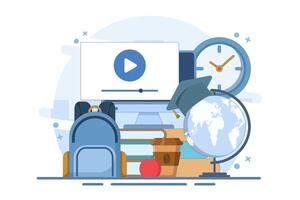 Online education concept, Internet education, online training and courses. Computer presentation, university. Distance education e-learning university. Cartoon flat design illustration. vector