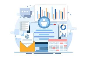 User profile and analytics concept on screen with email notifications, charts and data visuals. social media management, digital marketing and online communication. minimalist illustration. vector