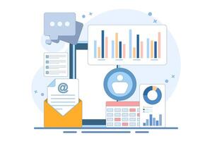 User profile and analytics concept on screen with email notifications, charts and data visuals. social media management, digital marketing and online communication. minimalist design illustration. vector